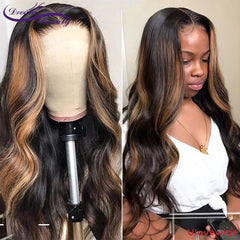 Highlight Honey Blonde Lace Front Human Hair Wigs Pre Plucked Brazilian Remy Hair 180Density Ombre 13x6 Wavy Lace Front Wig - Bellelooks