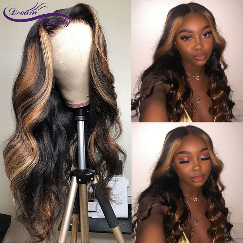 Highlight Honey Blonde Lace Front Human Hair Wigs Pre Plucked Brazilian Remy Hair 180Density Ombre 13x6 Wavy Lace Front Wig - Bellelooks