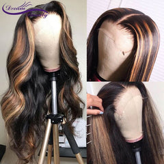 Highlight Honey Blonde Lace Front Human Hair Wigs Pre Plucked Brazilian Remy Hair 180Density Ombre 13x6 Wavy Lace Front Wig - Bellelooks