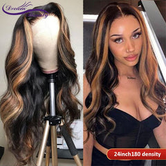 Highlight Honey Blonde Lace Front Human Hair Wigs Pre Plucked Brazilian Remy Hair 180Density Ombre 13x6 Wavy Lace Front Wig - Bellelooks