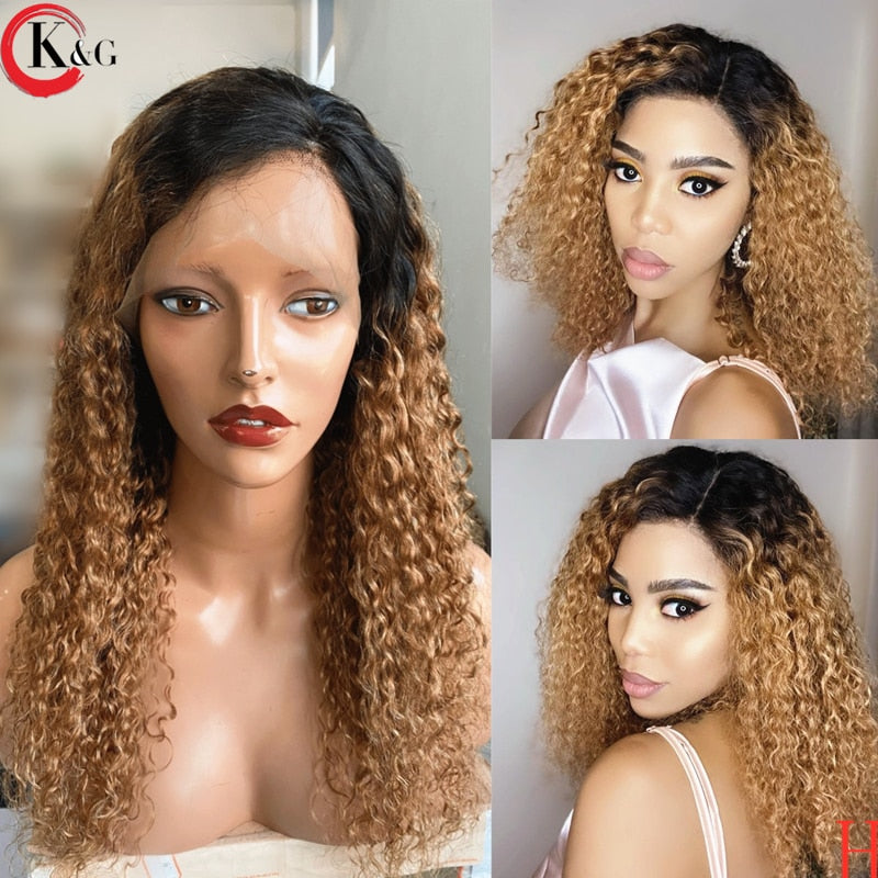 KUNGANG Highlight 360 Curly Lace Front Human Hair Wigs With Baby Hair 250 Density  Medium Ratio Non-Remy Wig - Bellelooks