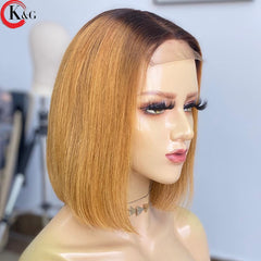 KUNGANG Highlight 4x4 PU Invisible Knots Bob Lace Front Human Hair Wigs Scalp Top Closure Wigs 150% Density Non-Remy - Bellelooks