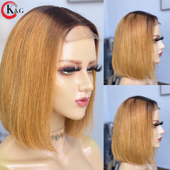 KUNGANG Highlight 4x4 PU Invisible Knots Bob Lace Front Human Hair Wigs Scalp Top Closure Wigs 150% Density Non-Remy - Bellelooks