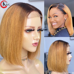 KUNGANG Highlight 4x4 PU Invisible Knots Bob Lace Front Human Hair Wigs Scalp Top Closure Wigs 150% Density Non-Remy - Bellelooks