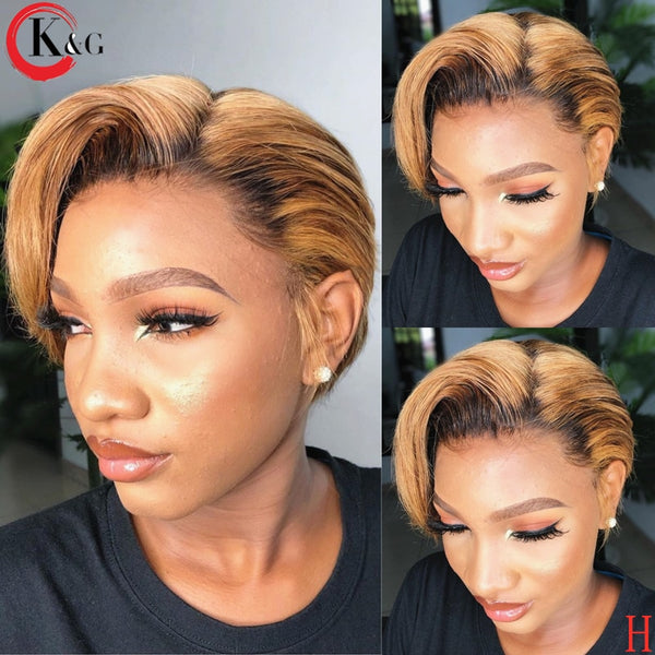 KUNGANG  Pixie Cut Wig 13*4 Bob Lace Front Human Hair Wigs Middle Ratio lace wig 150% 180% Density  Non-Remy Hair - Bellelooks