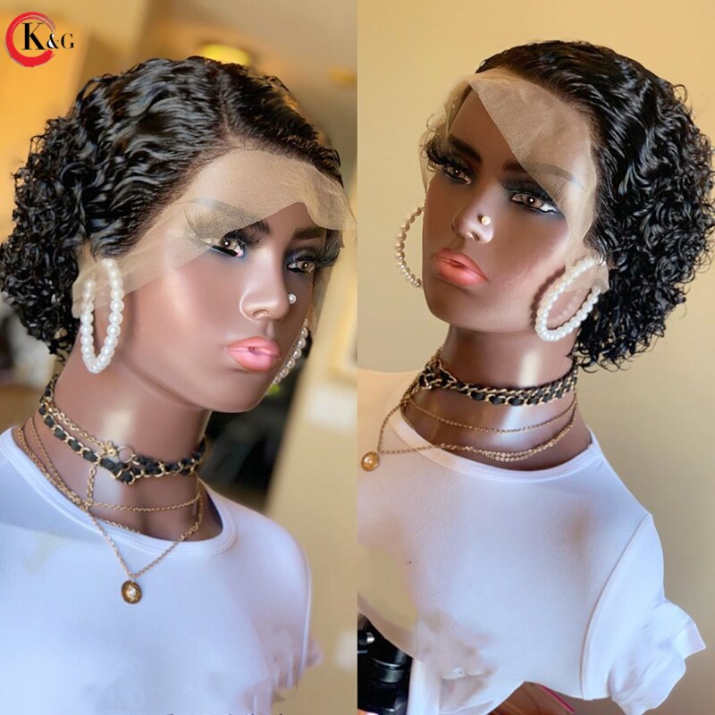 KUNGANG Pixie Cut Wig 13*4 Curly Lace Front Human Hair Wigs Middle Ratio lace wig 150% 180% Density Non-Remy Hair - Bellelooks