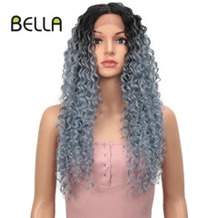 Kinky Curly Heat Resistant Hair Highlight Blue Mixed Brown Women Daily Synthetic Lace Front Party Wig - Bellelooks