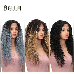 Kinky Curly Heat Resistant Hair Highlight Blue Mixed Brown Women Daily Synthetic Lace Front Party Wig - Bellelooks