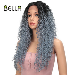 Kinky Curly Heat Resistant Hair Highlight Blue Mixed Brown Women Daily Synthetic Lace Front Party Wig - Bellelooks