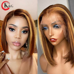 KungGang 13*6 8”-14" Stright Bob Wigs  Highlight Lace Front Human Hair  Brazilian Non-Remy Deep Part Lace Wigs 130% 150% density - Bellelooks