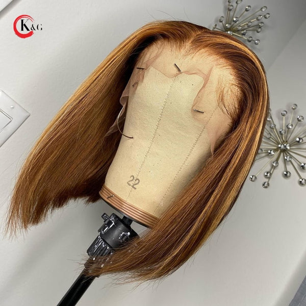 KungGang 13*6 8”-14" Stright Bob Wigs  Highlight Lace Front Human Hair  Brazilian Non-Remy Deep Part Lace Wigs 130% 150% density - Bellelooks