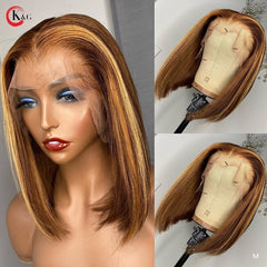 KungGang 13*6 8”-14" Stright Bob Wigs  Highlight Lace Front Human Hair  Brazilian Non-Remy Deep Part Lace Wigs 130% 150% density - Bellelooks