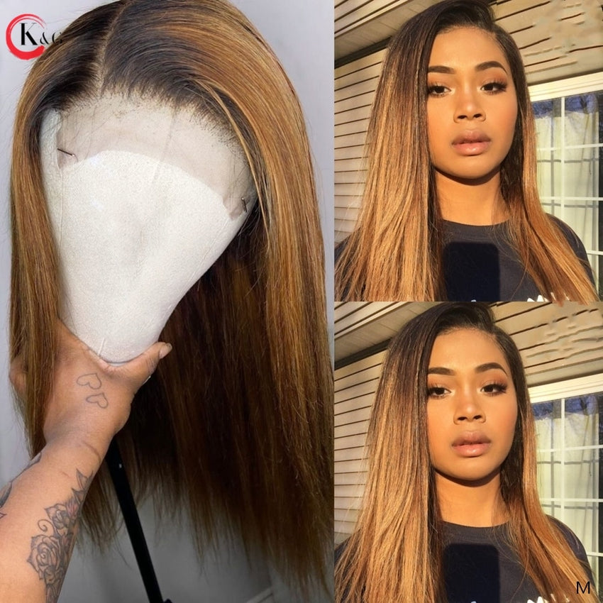 KungGang 13*6 Highlight  Lace Front Human Hair Wigs With Baby Hair 8”-24" Brazilian  Middle Ratio Non-Remy Deep Part Lace Wigs - Bellelooks