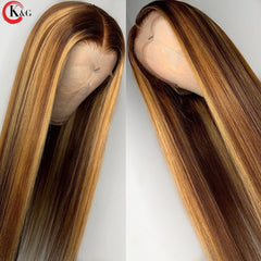 KungGang Highlight Lace Front Human Hair Wigs 13*4 13*6 Deep Part Lace Wigs With Baby Hair8”-24"Brazilian Middle Ratio Non-Remy - Bellelooks