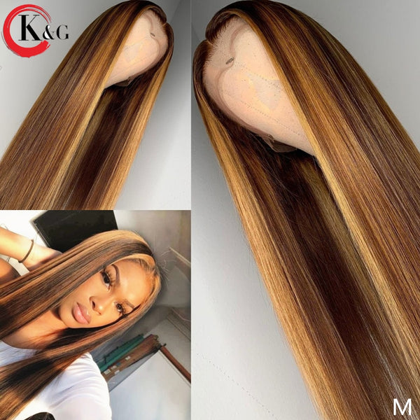 KungGang Highlight Lace Front Human Hair Wigs 13*4 13*6 Deep Part Lace Wigs With Baby Hair8”-24"Brazilian Middle Ratio Non-Remy - Bellelooks