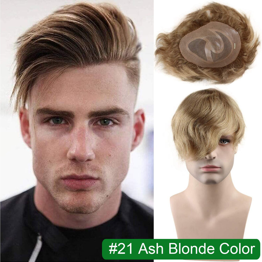 Men's Toupee 10x8 European Human Hair Swiss Mono Lace Thin Skin Hairpiece Hair Replacement System for Men Toupee #21 Ash Blonde - Bellelooks