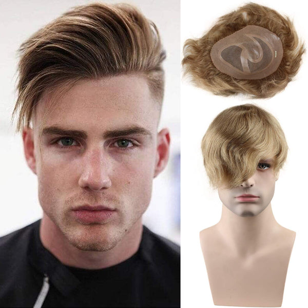 Men's Toupee 10x8 European Human Hair Swiss Mono Lace Thin Skin Hairpiece Hair Replacement System for Men Toupee #21 Ash Blonde - Bellelooks