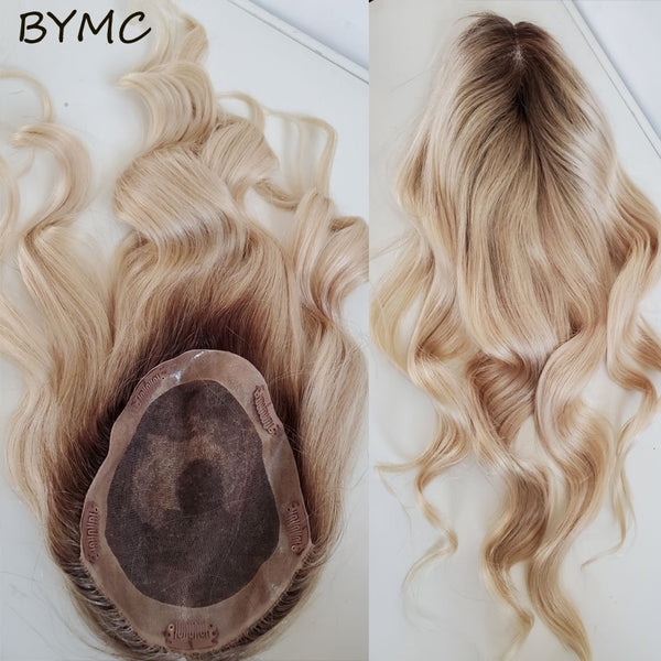 Ombre Blonde Human Hair Body Wave Topper Wig For Women 8*15cm Breathable MONO PU Base With Clip In Hair Toupee Remy Hair piece - Bellelooks