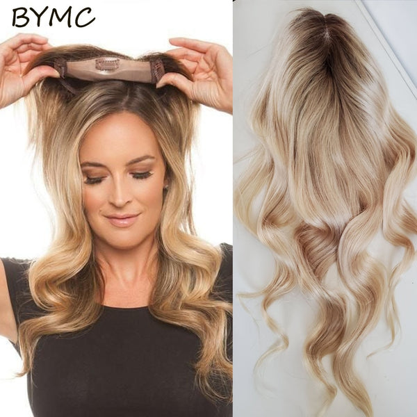 Ombre Blonde Human Hair Body Wave Topper Wig For Women 8*15cm Breathable MONO PU Base With Clip In Hair Toupee Remy Hair piece - Bellelooks