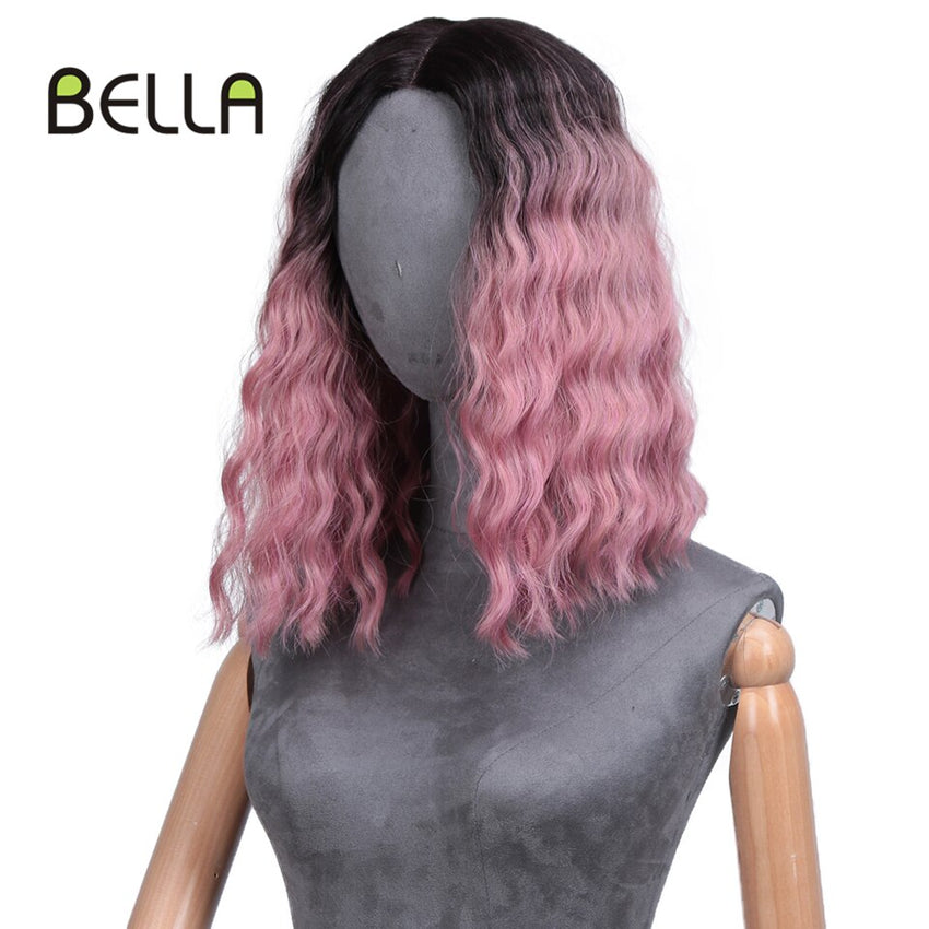 Pink Blonde Lace Front Wig Water Wave Hair Ombre Synthetic Lace Wig Simulated Scalp 14 Inch Middle Part Lolita Wig Cosplay Bella - Bellelooks