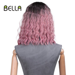 Pink Blonde Lace Front Wig Water Wave Hair Ombre Synthetic Lace Wig Simulated Scalp 14 Inch Middle Part Lolita Wig Cosplay Bella - Bellelooks