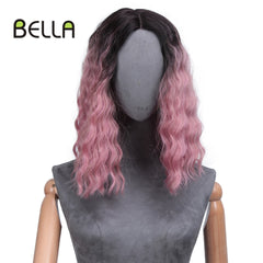 Pink Blonde Lace Front Wig Water Wave Hair Ombre Synthetic Lace Wig Simulated Scalp 14 Inch Middle Part Lolita Wig Cosplay Bella - Bellelooks