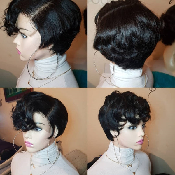 Pixie Cut Short Wig 13x6 Lace Front Human Hair Short Bob Wigs Natural Black Glueless Wavy Curly For Women Brazilian Remy Hair - Bellelooks