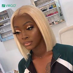 Virgo 4x4 Closure Wig 13X4 Short Bob Wig 613 Blonde Lace Front Human Hair Wigs Pre Plucked Blonde Straight Lace Front Wig Remy - Bellelooks