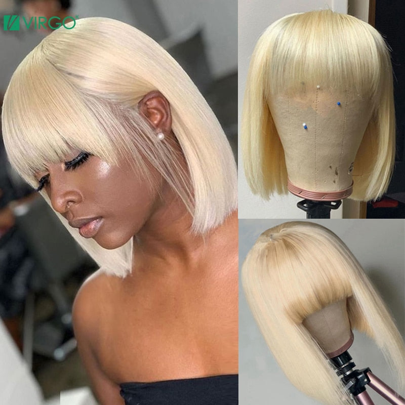 Virgo Lace Front Human Hair Wigs for Women 613 Honey Blond Bob Wig with Bangs Blond Short Wig Full Wig Free Shipping Remy - Bellelooks