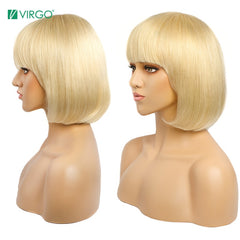 Virgo Lace Front Human Hair Wigs for Women 613 Honey Blond Bob Wig with Bangs Blond Short Wig Full Wig Free Shipping Remy - Bellelooks