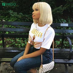 Virgo Lace Front Human Hair Wigs for Women 613 Honey Blond Bob Wig with Bangs Blond Short Wig Full Wig Free Shipping Remy - Bellelooks