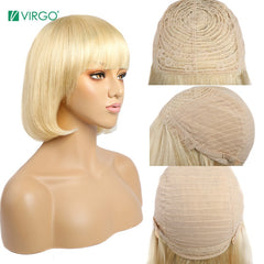 Virgo Lace Front Human Hair Wigs for Women 613 Honey Blond Bob Wig with Bangs Blond Short Wig Full Wig Free Shipping Remy - Bellelooks