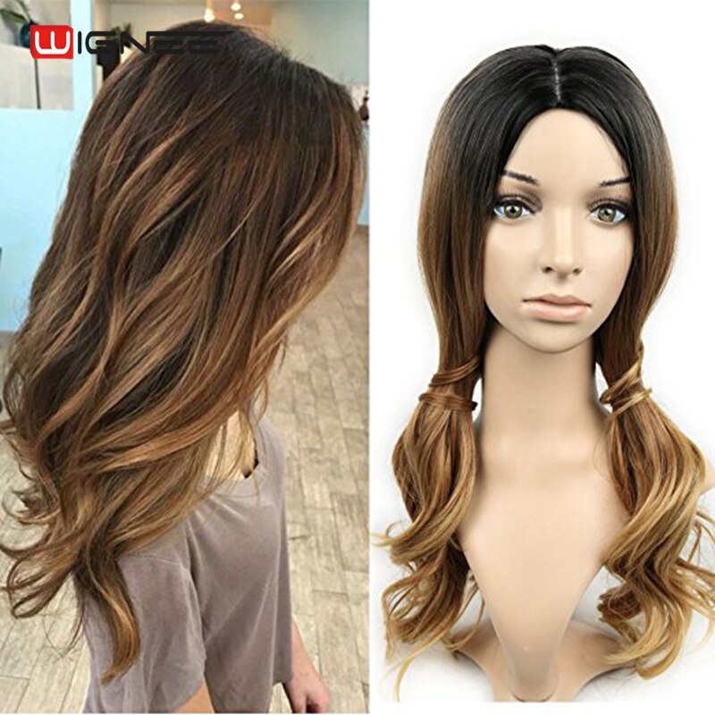 Wignee 3 Tone Ombre Women Wig Black to Brown Blonde Middle Part Heat Resistant Synthetic Wigs Cosplay Hair For African American - Bellelooks