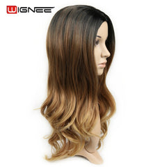 Wignee 3 Tone Ombre Women Wig Black to Brown Blonde Middle Part Heat Resistant Synthetic Wigs Cosplay Hair For African American - Bellelooks