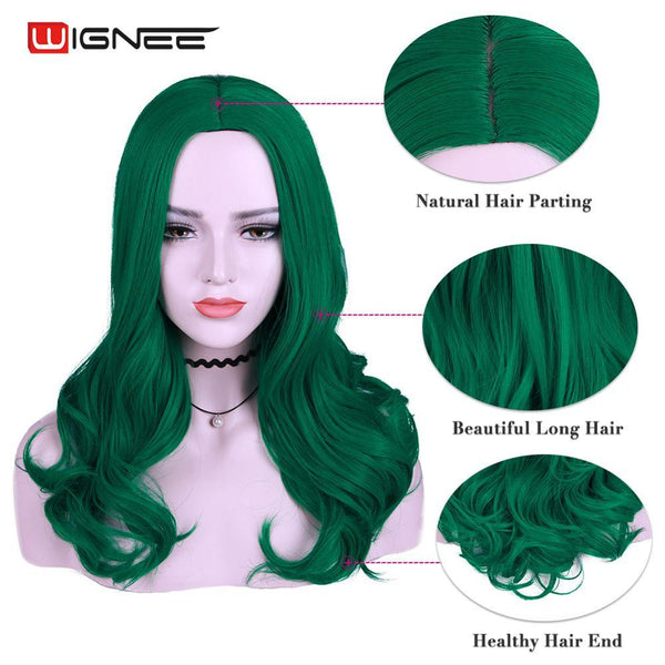 Wignee Long Green Wavy Middle Part Wig Synthetic Wigs for Women Daily/Party/Cosplay Heat Resistant Natural Glueless False Hair - Bellelooks