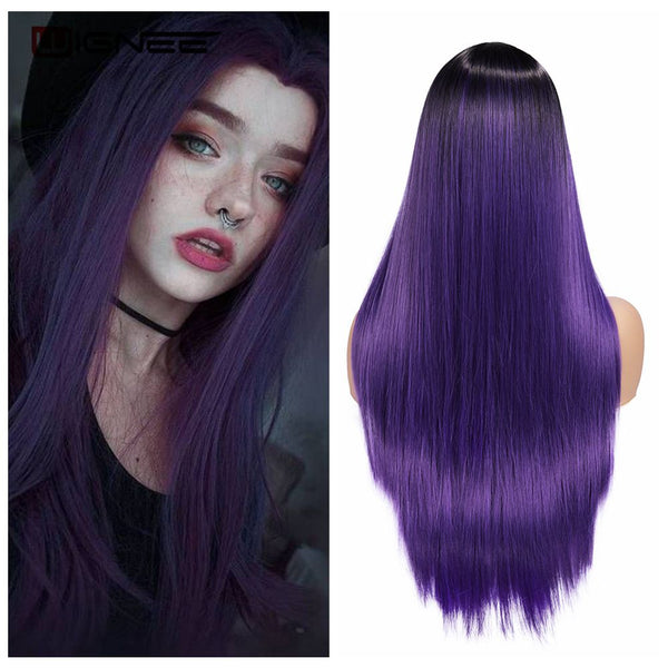 Wignee Long Straight Hair Middle Part Synthetic Wig For Women Ombre Purple Natural Hair Glueless Daily/Cosplay Female  Hair Wigs - Bellelooks