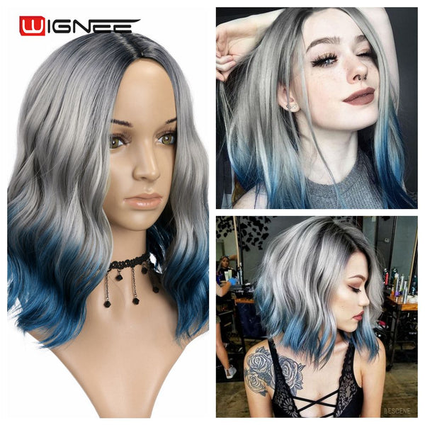 Wignee Ombre Black To Blond Wig Side Part 14" Synthetic Wigs for Women  Wavy  Cosplay Daily Heat Resistant Natural Short Hair - Bellelooks