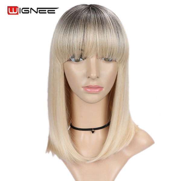 Wignee Short Bob Straight Hair Ombre Honey Blonde Women Wigs With Bangs Daily Synthetic Wigs for African American Daily/Party - Bellelooks