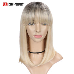 Wignee Short Bob Straight Hair Ombre Honey Blonde Women Wigs With Bangs Daily Synthetic Wigs for African American Daily/Party - Bellelooks